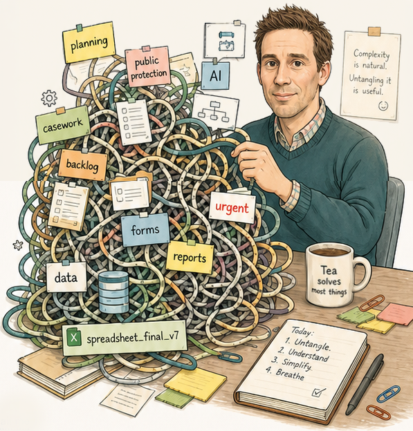 A man at a desk untangling a giant ball of cables tagged with planning, public protection, AI, casework, backlog, forms, reports, data, urgent. Beside him sit a mug of tea and a notebook reading: Today: 1. Untangle. 2. Understand. 3. Simplify. 4. Breathe.