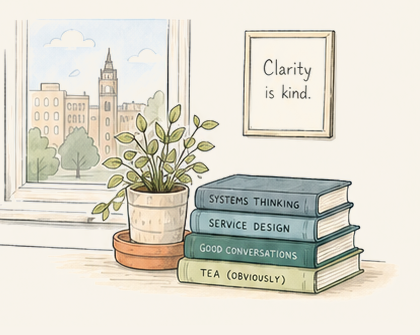 A sunny window looking onto a town, a potted plant on the sill, and a stack of books labelled Systems Thinking, Service Design, Good Conversations, Tea (obviously). A small framed picture on the wall reads: Clarity is kind.
